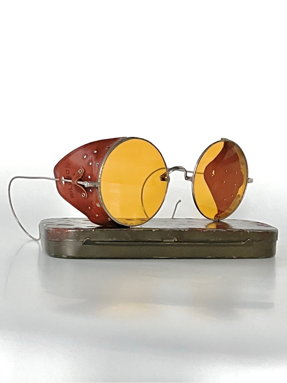 Antique WWI 1920s Willson Aviator Goggles Sunglasses Leather Shields Amber Glass